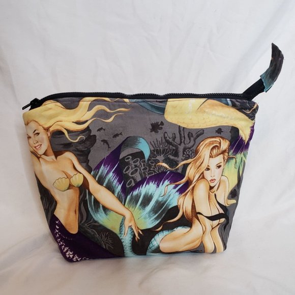 Handmade Zipper Pouch XL Makeup Bag Alexander Henry Mermaid Fabric 11.5 x 9 Inch - Picture 1 of 4